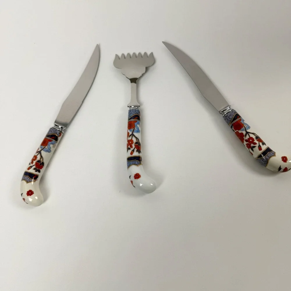 Prill Sheffield England Porcelain Handle Knife Set Floral Cheese Fork 3pc